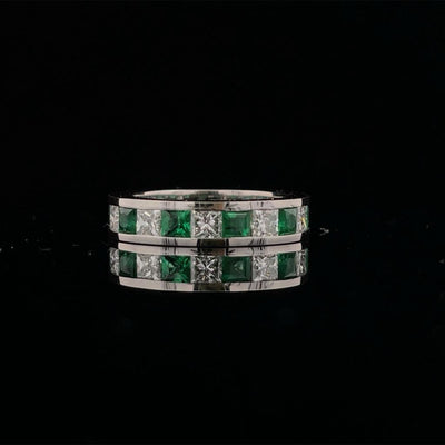 Alternating Green Emerald and Diamond Band