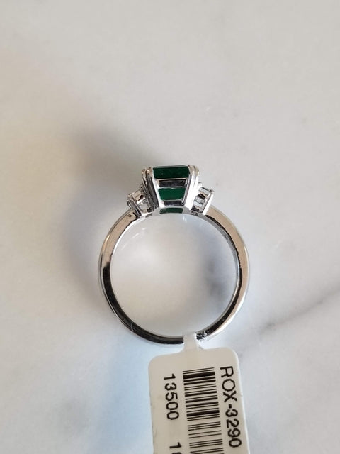 Green Emerald Ring with Baguette Diamond Sides