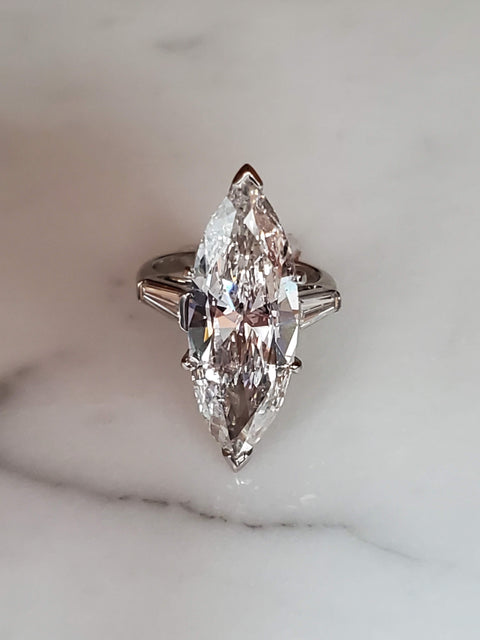 7.22ct Natural Marquise Diamond Set in a Platinum Ring with Matching Tapered Baguettes