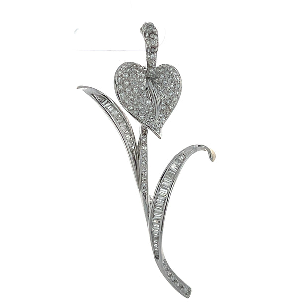 18K White Gold Pave Heart and Baguette Diamond Brooch