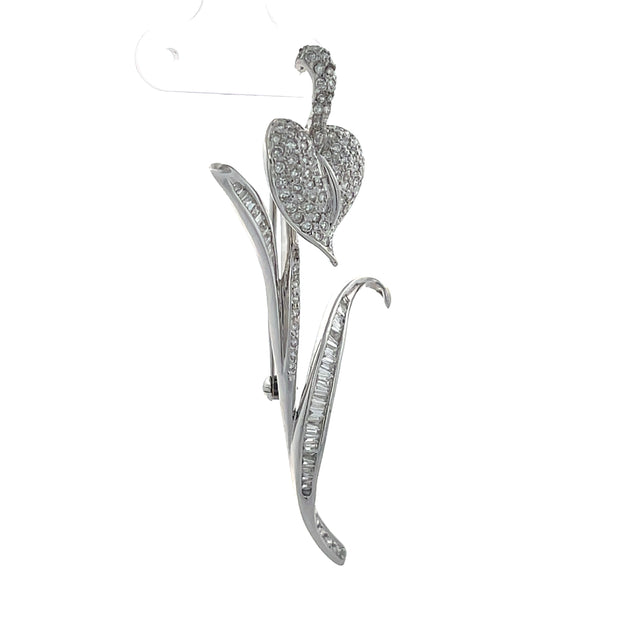 18K White Gold Pave Heart and Baguette Diamond Brooch