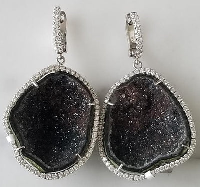 Black Geode Earrings with Diamond Halo