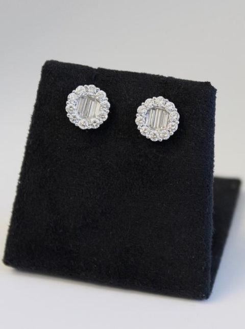Baguette and Round Diamond Halo Studs