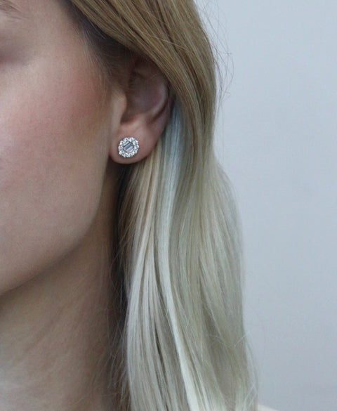 Baguette and Round Diamond Halo Studs
