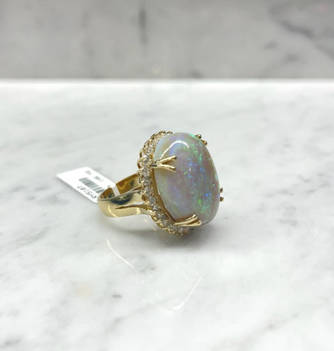 Four Prong Opal Ring with Diamond Halo
