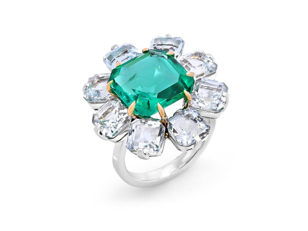 Green Emerald and Aquamarine Ring