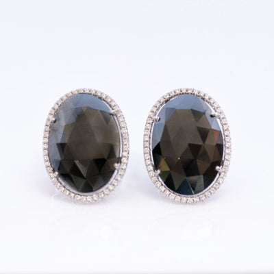 Black Spinel Oval  Earrings with Diamond Halo