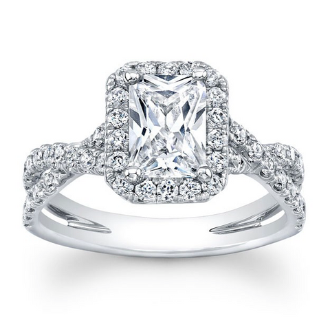 Emerald Cut Diamond Halo with Criss-Crossed Split Shank Engagement Ring