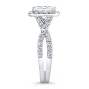 Emerald Cut Diamond Halo with Criss-Crossed Split Shank Engagement Ring