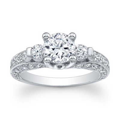 Round Three-Stone Diamond Pave Engagement Ring with Milgrain detail