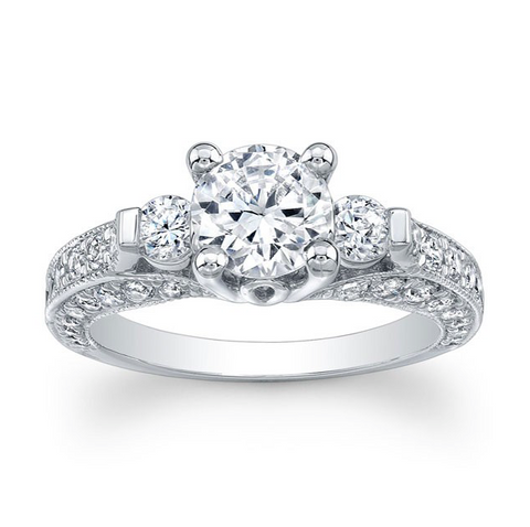 Round Three-Stone Diamond Pave Engagement Ring with Milgrain detail