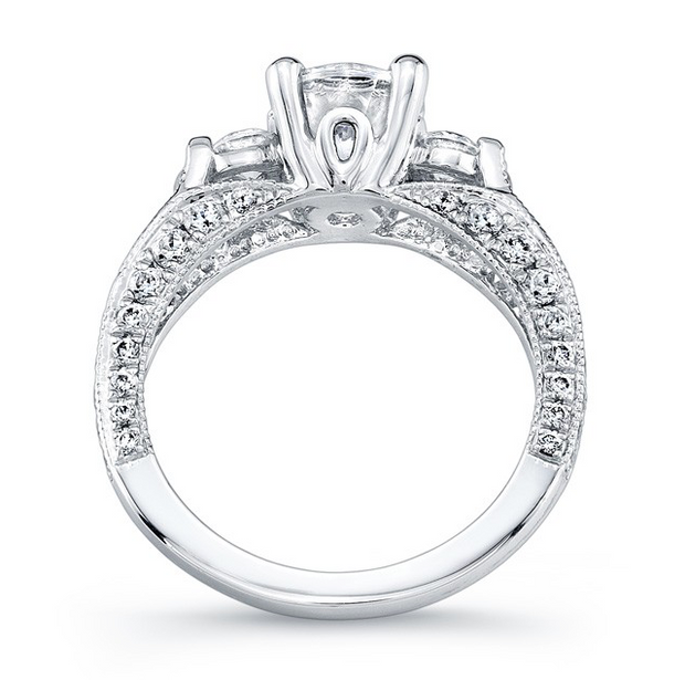 Round Three-Stone Diamond Pave Engagement Ring with Milgrain detail