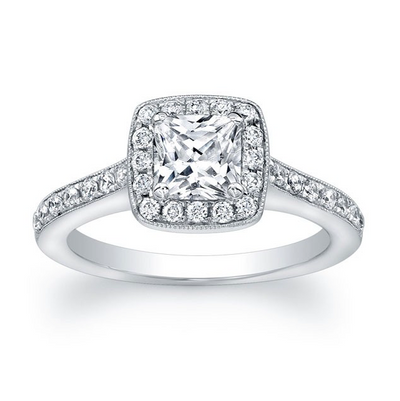 Princess Diamond Halo Pave Engagement Ring with Diamond Accent on Profile