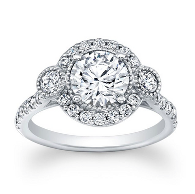 Three-Stone Triple Halo Pave Diamond Engagement Ring