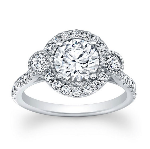 Three-Stone Triple Halo Pave Diamond Engagement Ring