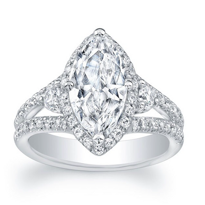 Marquise Diamond Halo Split Shank Three Stone Engagement Ring