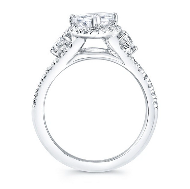 Marquise Diamond Halo Split Shank Three Stone Engagement Ring