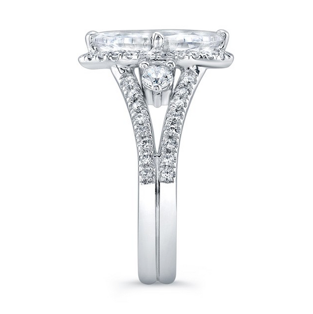 Marquise Diamond Halo Split Shank Three Stone Engagement Ring