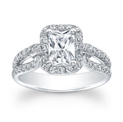 Emerald Cut Diamond Halo and Split Shank Engagement Ring