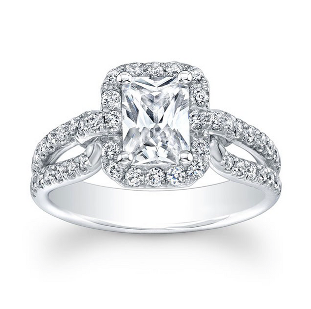 Emerald Cut Diamond Halo and Split Shank Engagement Ring