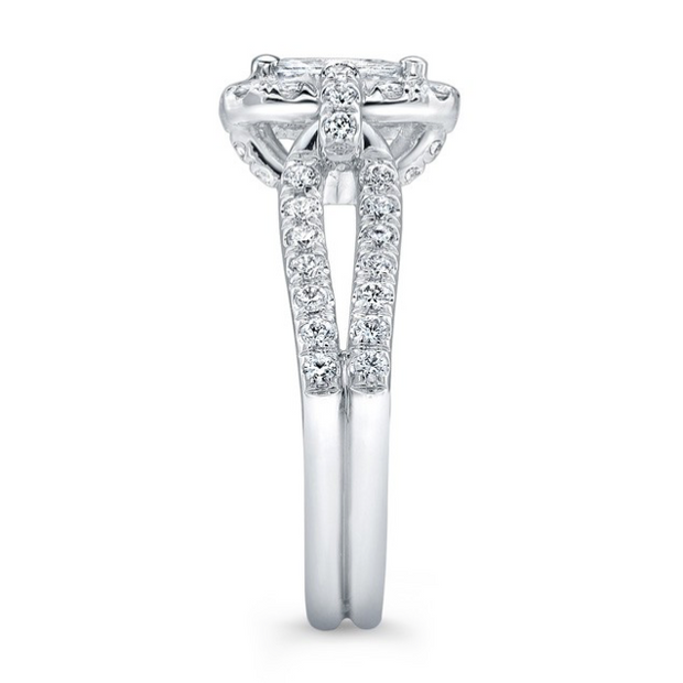 Emerald Cut Diamond Halo and Split Shank Engagement Ring