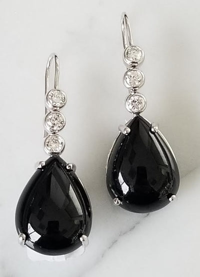 Black Tourmaline and Diamond Dangling Earrings