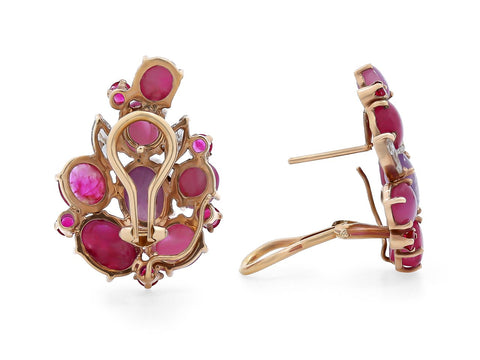 Custom-Made Cabochon Burmese Ruby Earrings with Natural Yellow Diamond