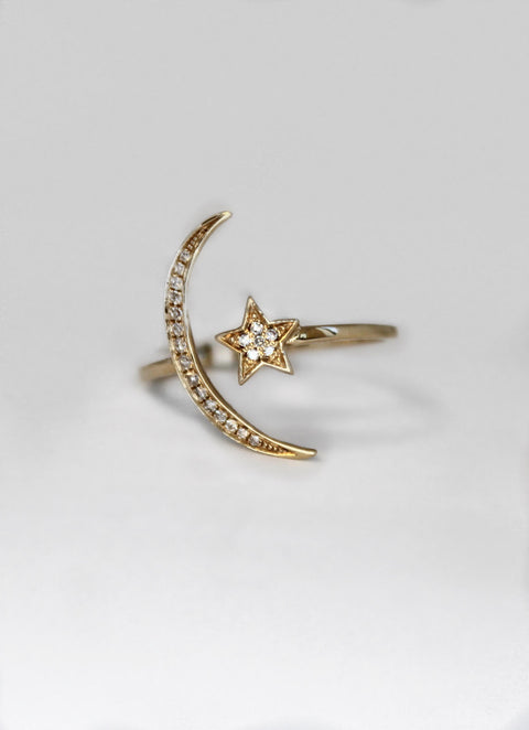 Yellow Gold Star and Moon Ring